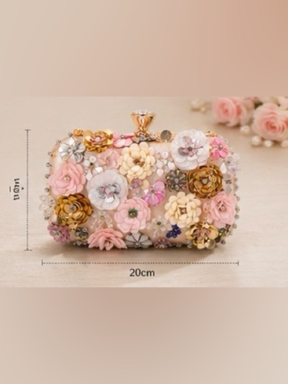 3D Floral Beaded Clutch Pink Evening Bag Wedding Party Purse Gold Chain